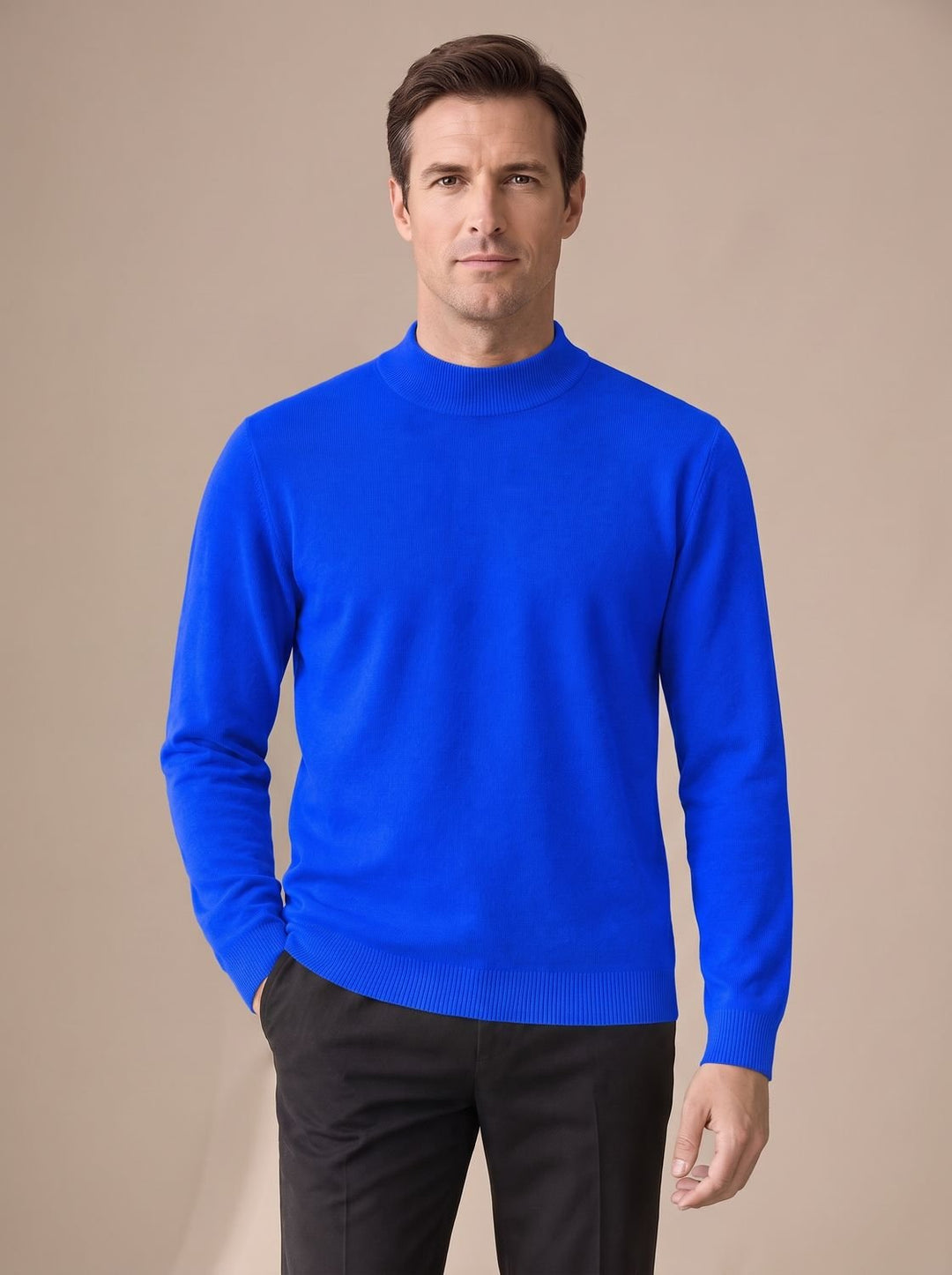 Herren Slim-Fit Strickpullover mit Mock-Kragen und Rippbündchen - Königsblau