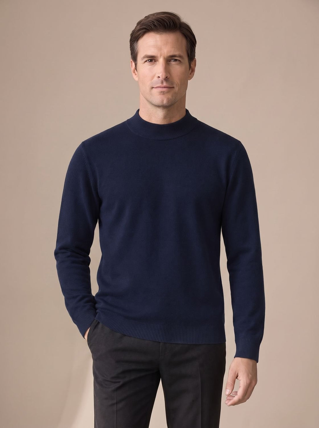 Herren Slim-Fit Strickpullover mit Mock-Kragen und Rippbündchen - Marineblau