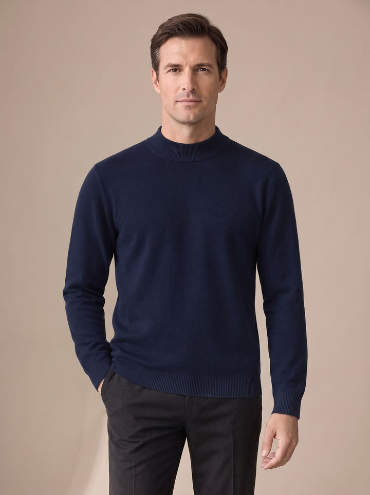 Herren Slim-Fit Strickpullover mit Mock-Kragen und Rippbündchen - Marineblau