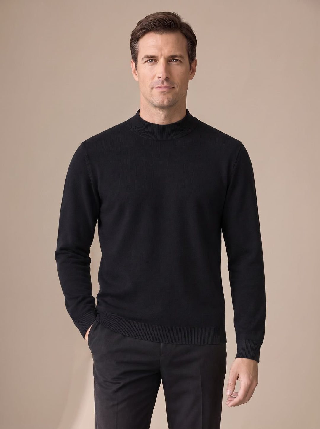 Herren Slim-Fit Strickpullover mit Mock-Kragen und Rippbündchen - Schwarz