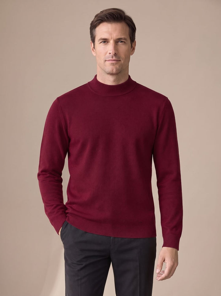 Herren Slim-Fit Strickpullover mit Mock-Kragen und Rippbündchen - Weinrot