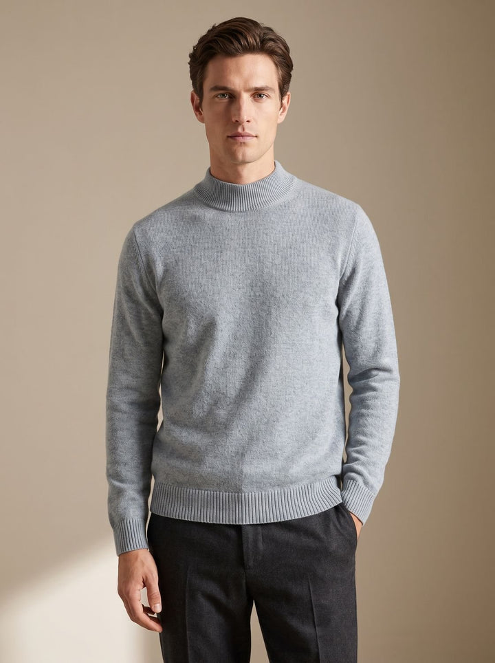 Herren Slim-Fit Strickpullover mit Mock-Kragen und Rippbündchen - Hellgrau