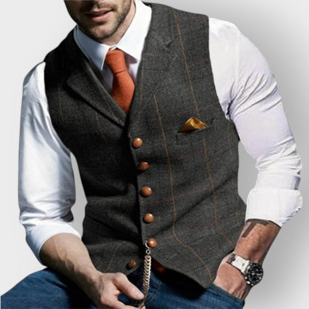 Herren Slim-Fit Tweed-Gilet mit Zierknöpfen und Brusttasche - Dunkelgrau