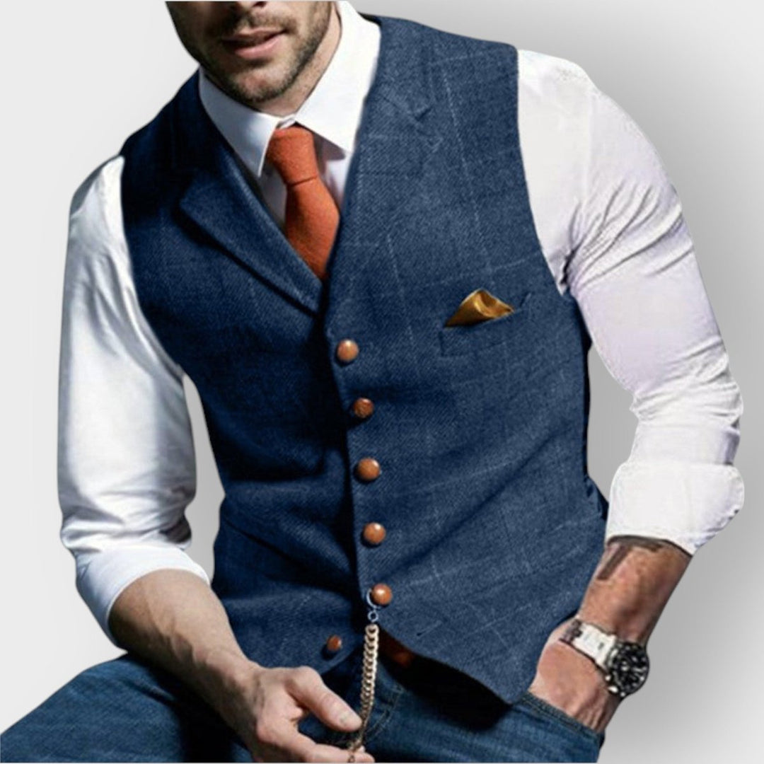 Herren Slim-Fit Tweed-Gilet mit Zierknöpfen und Brusttasche - Blau