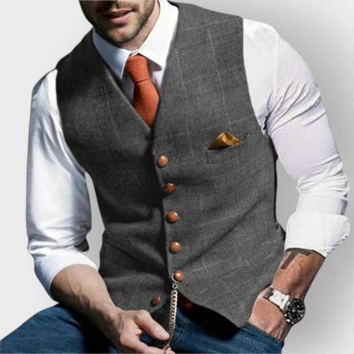 Herren Slim-Fit Tweed-Gilet mit Zierknöpfen und Brusttasche - Hellgrau