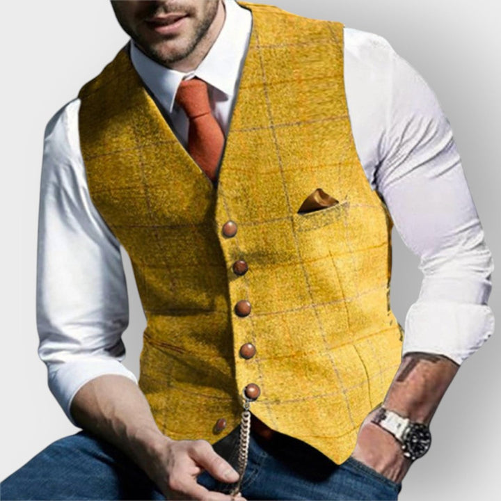 Herren Slim-Fit Tweed-Gilet mit Zierknöpfen und Brusttasche - Gelb