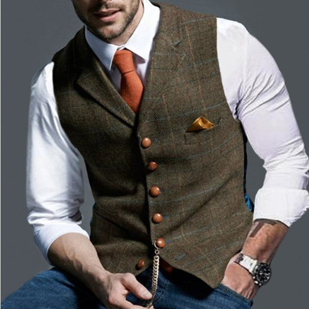 Herren Slim-Fit Tweed-Gilet mit Zierknöpfen und Brusttasche - Braun