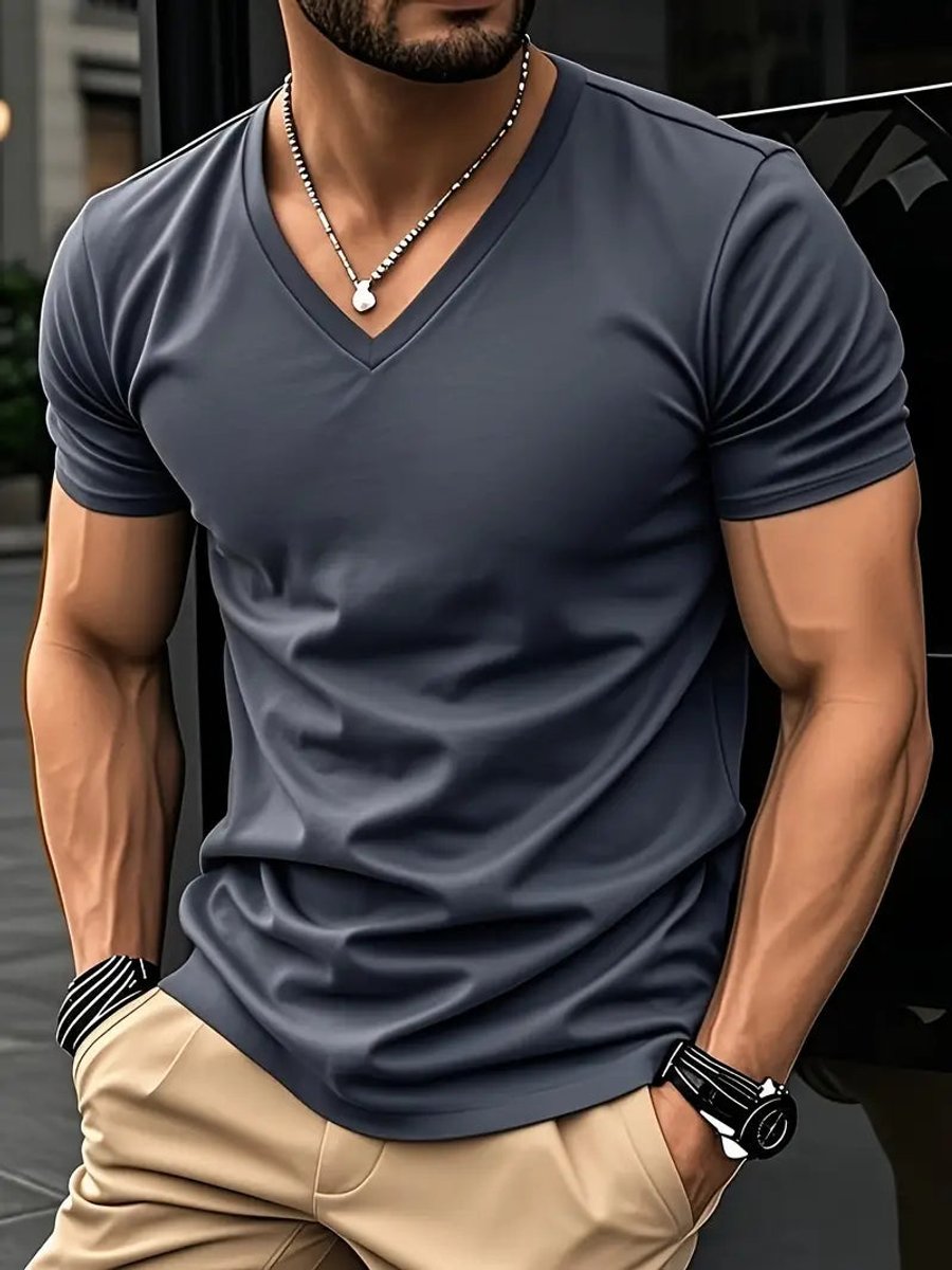 Herren Slim-Fit V-Ausschnitt Kurzarm T-Shirt - Grau