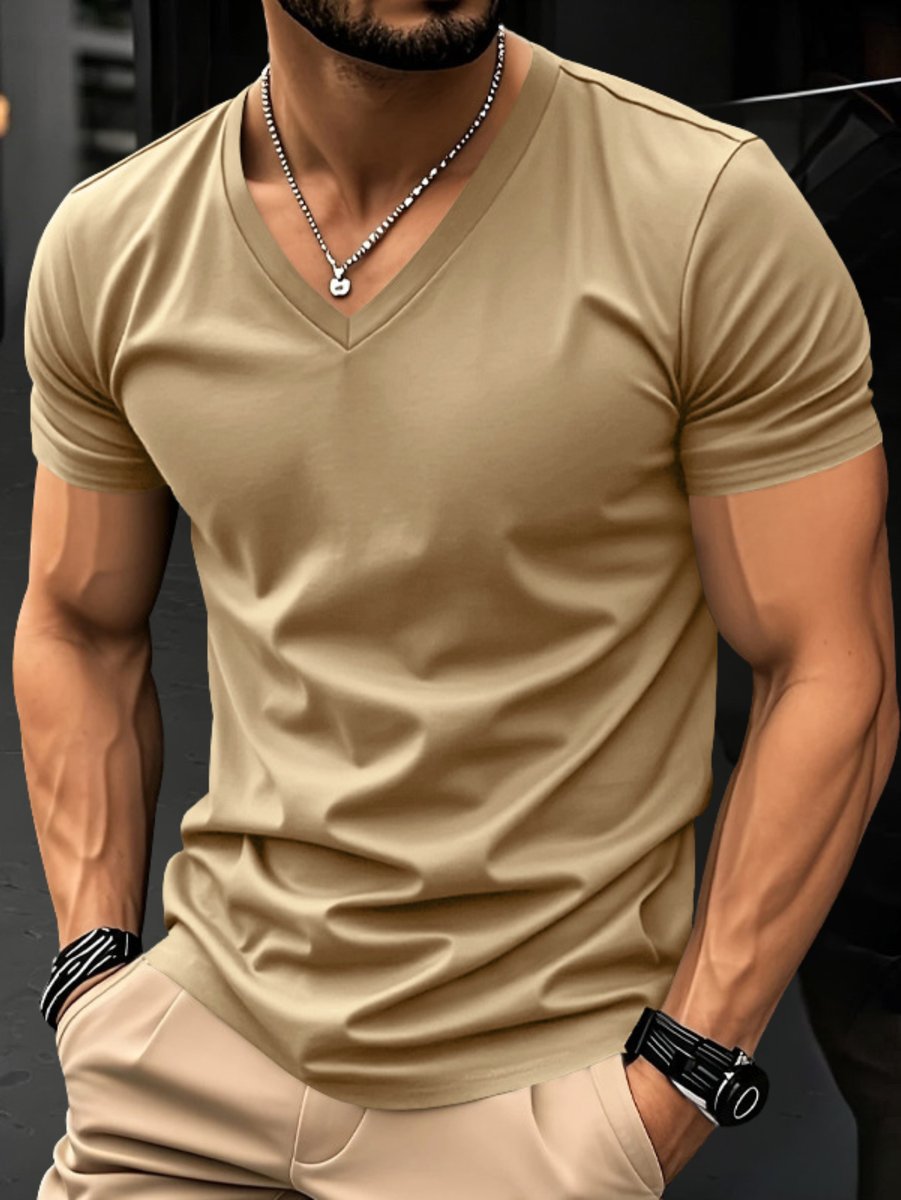 Herren Slim-Fit V-Ausschnitt Kurzarm T-Shirt - Khaki