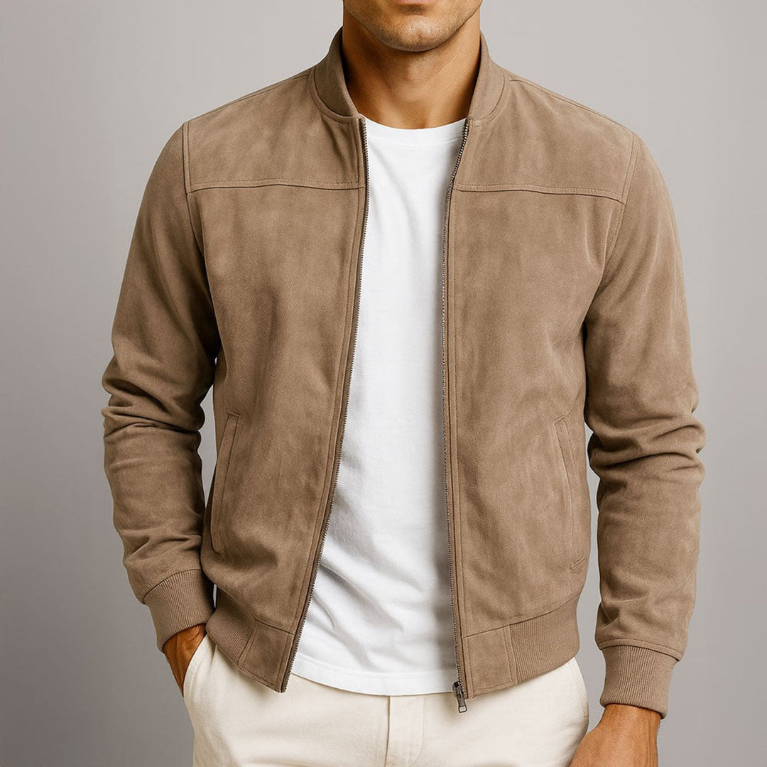 Herren Slim-Fit Wildleder Bomber Steppjacke mit Reißverschluss - Braun