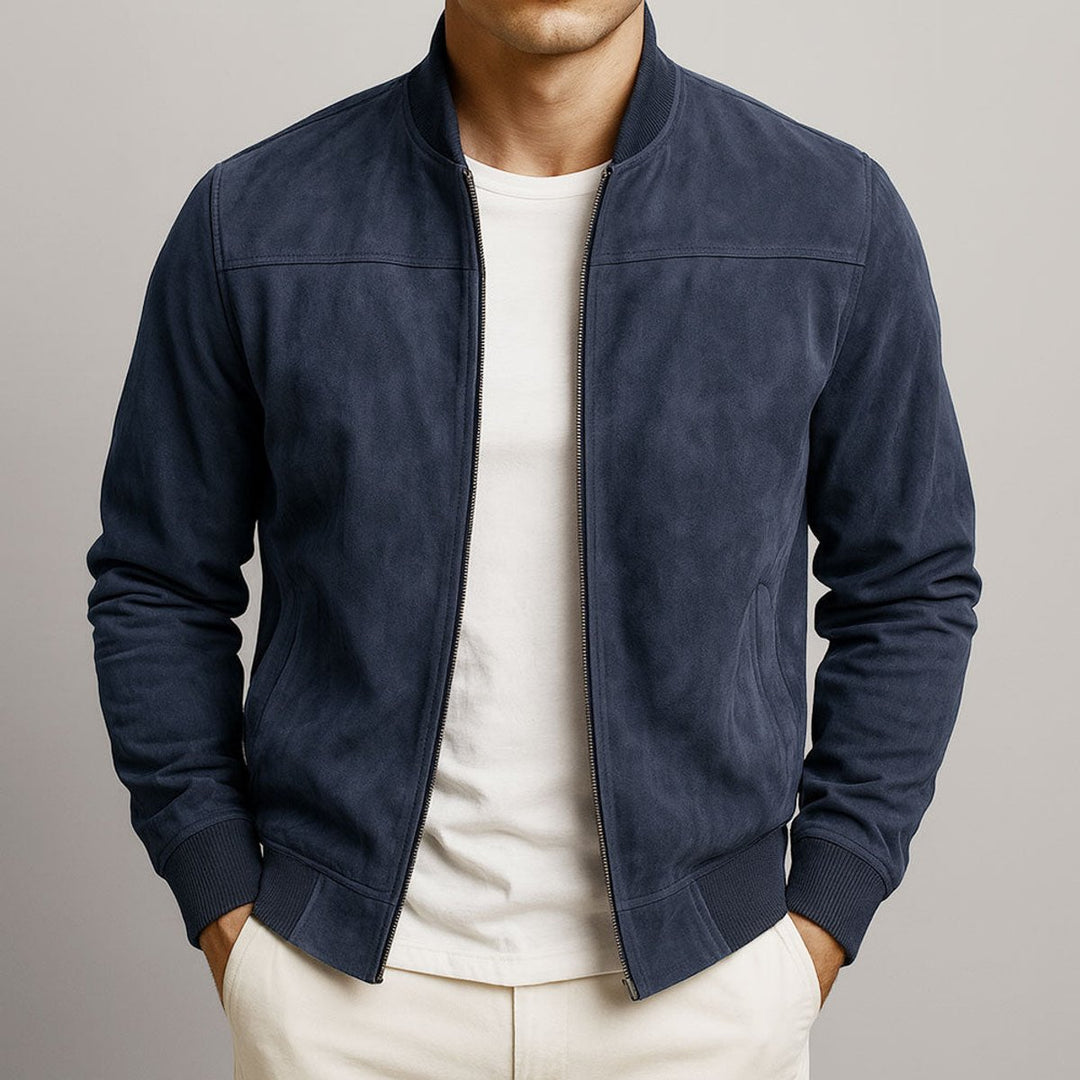 Herren Slim-Fit Wildleder Bomber Steppjacke mit Reißverschluss - Dunkelblau