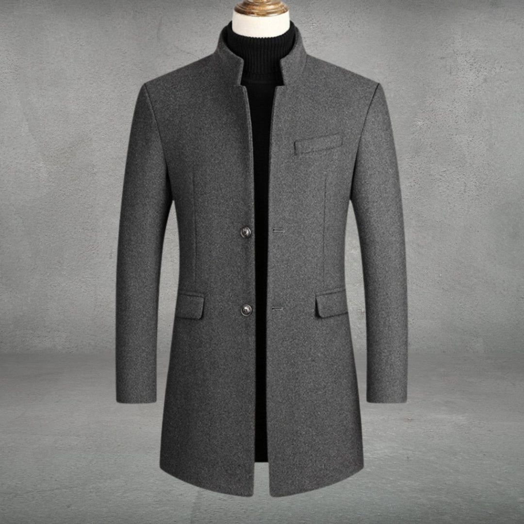 Herren Slim-Fit Wollmantel mit Stehkragen und Knopfverschluss - Grau