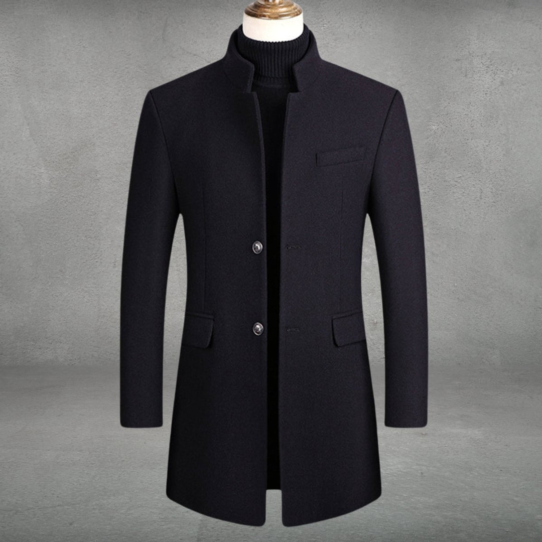 Herren Slim-Fit Wollmantel mit Stehkragen und Knopfverschluss - Schwarz