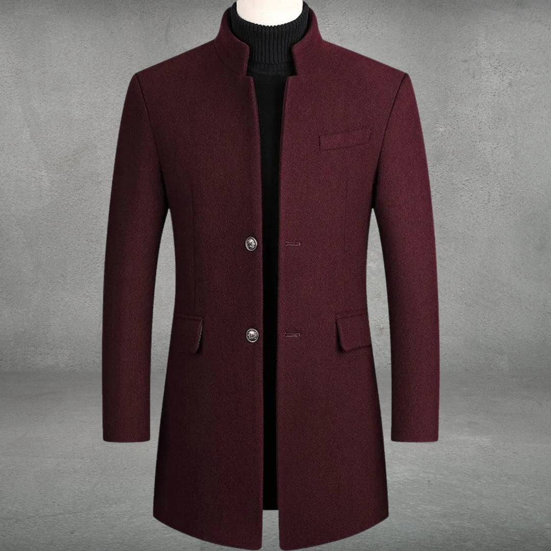 Herren Slim-Fit Wollmantel mit Stehkragen und Knopfverschluss - Weinrot