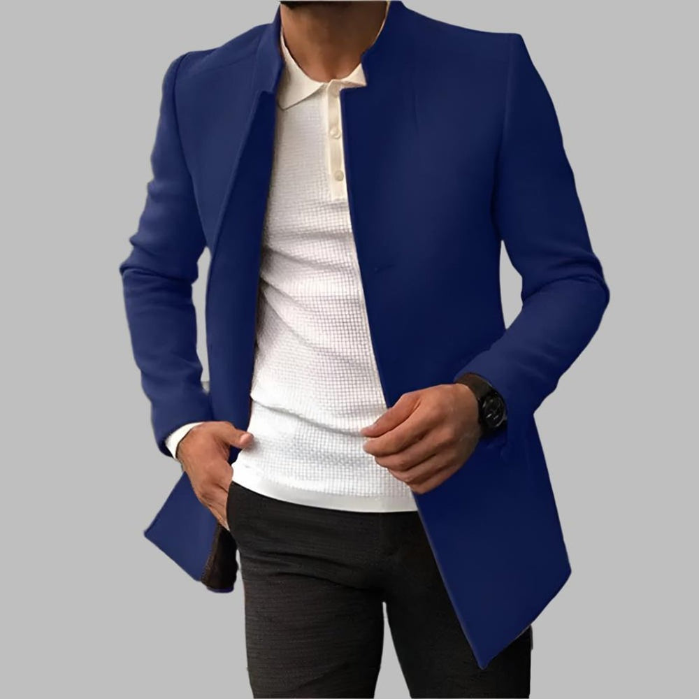 Herren Slim-Fit Wool Coat eleganter Stehkragen Mantel - Blau