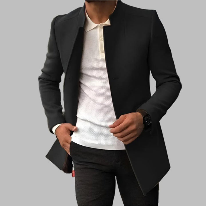 Herren Slim-Fit Wool Coat eleganter Stehkragen Mantel - Schwarz