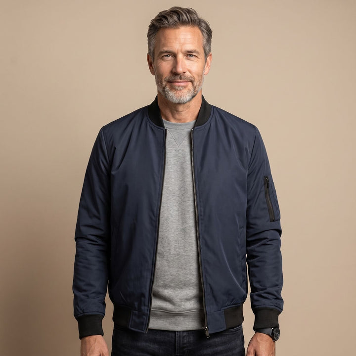 Herren Slim-Fit Zip-Up Bomberjacke mit Rippbündchen - Blau