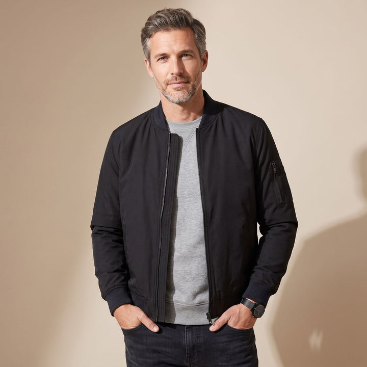 Herren Slim-Fit Zip-Up Bomberjacke mit Rippbündchen - Schwarz
