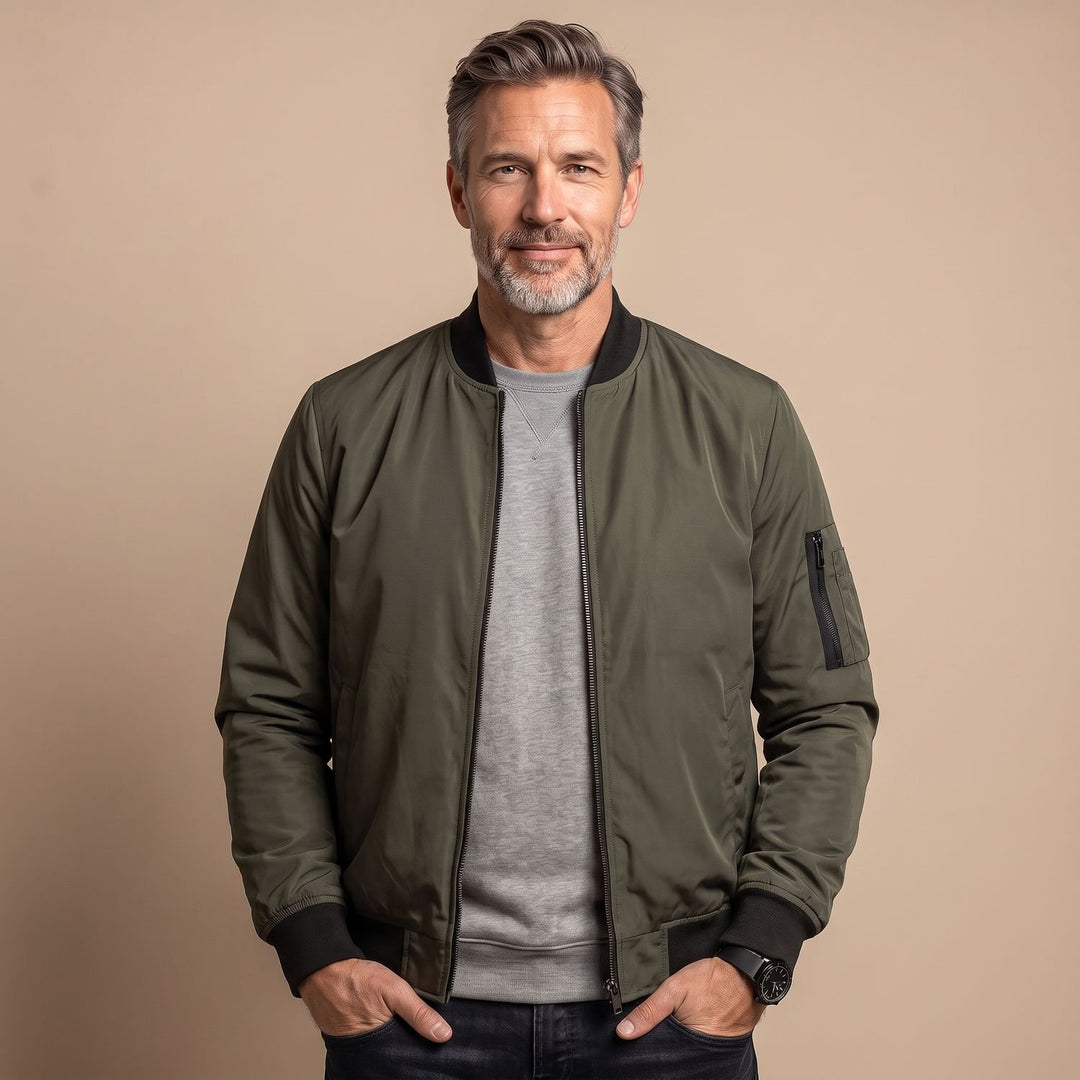 Herren Slim-Fit Zip-Up Bomberjacke mit Rippbündchen - Olivgrün