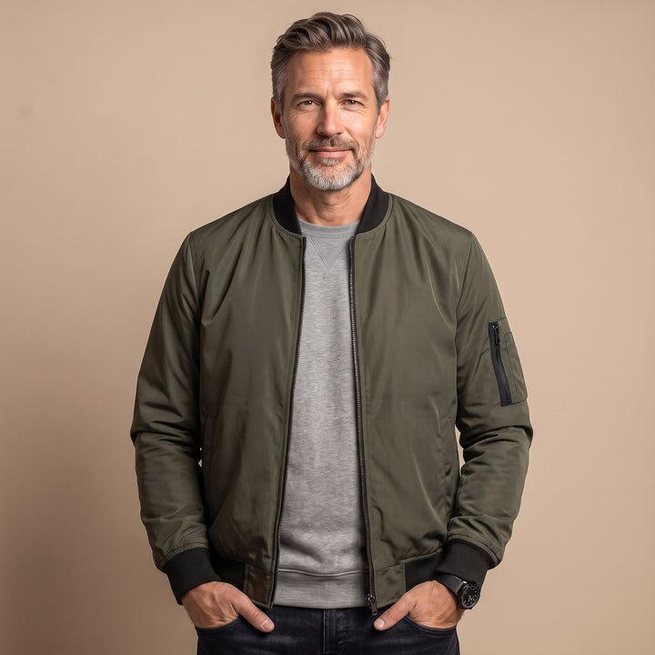 Herren Slim-Fit Zip-Up Bomberjacke mit Rippbündchen - Olivgrün