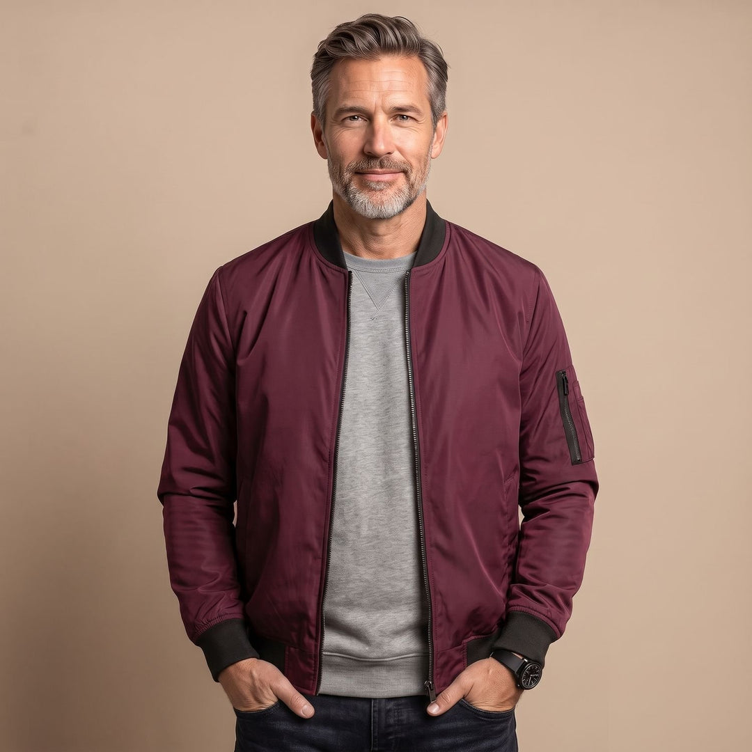 Herren Slim-Fit Zip-Up Bomberjacke mit Rippbündchen - Rot