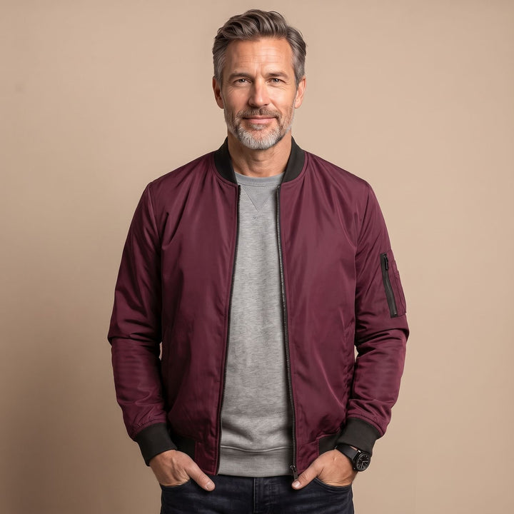 Herren Slim-Fit Zip-Up Bomberjacke mit Rippbündchen - Rot