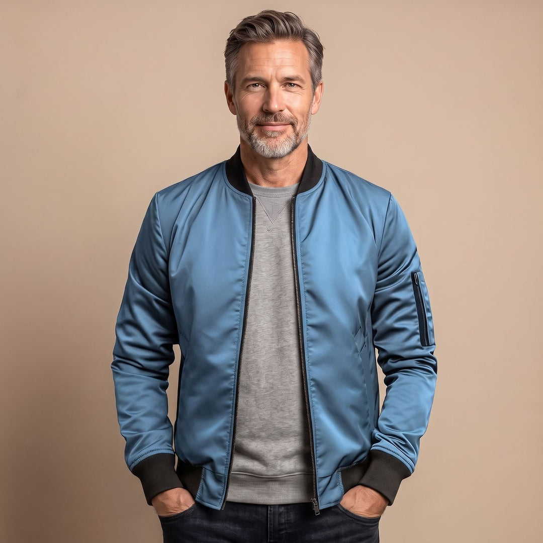 Herren Slim-Fit Zip-Up Bomberjacke mit Rippbündchen - Hellblau