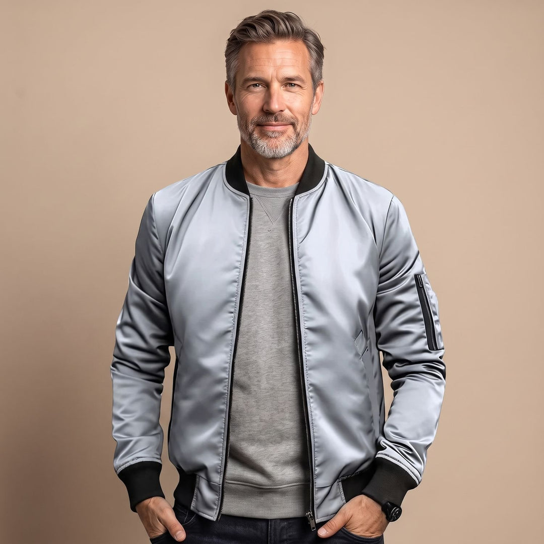 Herren Slim-Fit Zip-Up Bomberjacke mit Rippbündchen - Weiß