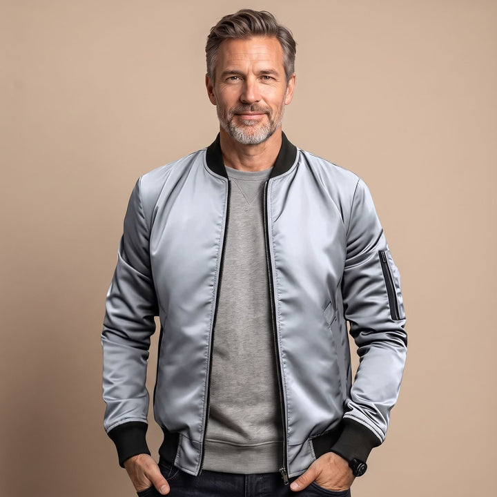 Herren Slim-Fit Zip-Up Bomberjacke mit Rippbündchen - Weiß