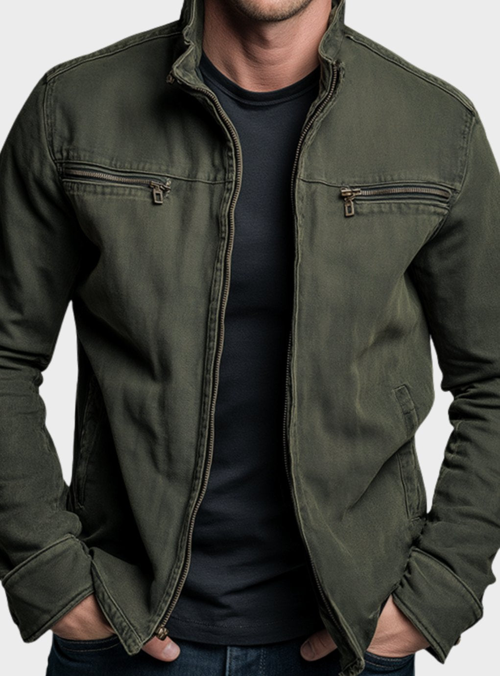 Herren Stehkragen Bomberjacke mit Reißverschluss und Brusttaschen