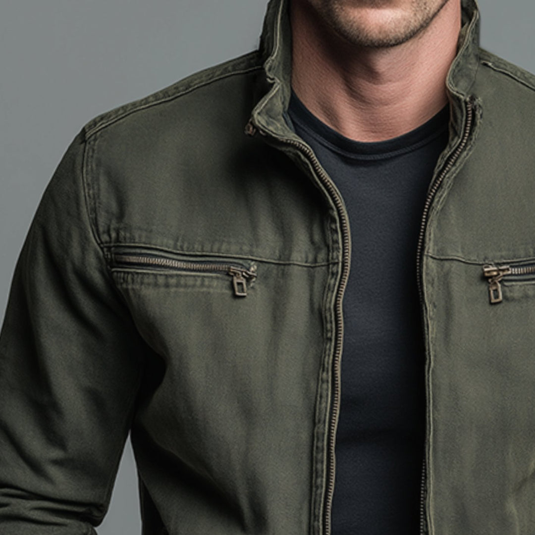 Herren Stehkragen Bomberjacke mit Reißverschluss und Brusttaschen
