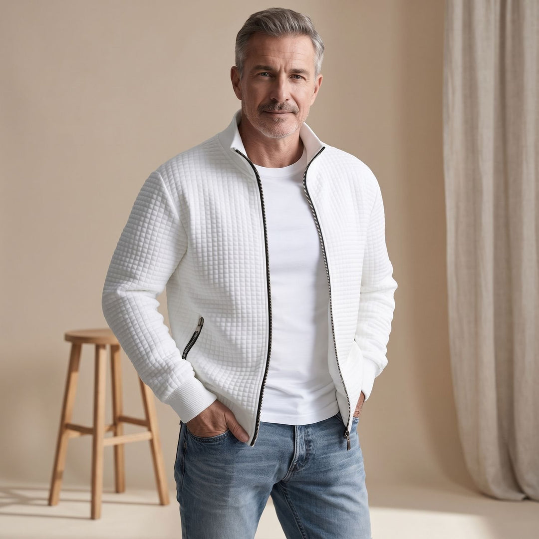 Herren Stehkragen Waffelstrick Reißverschluss Jacke Regular Fit - Weiß