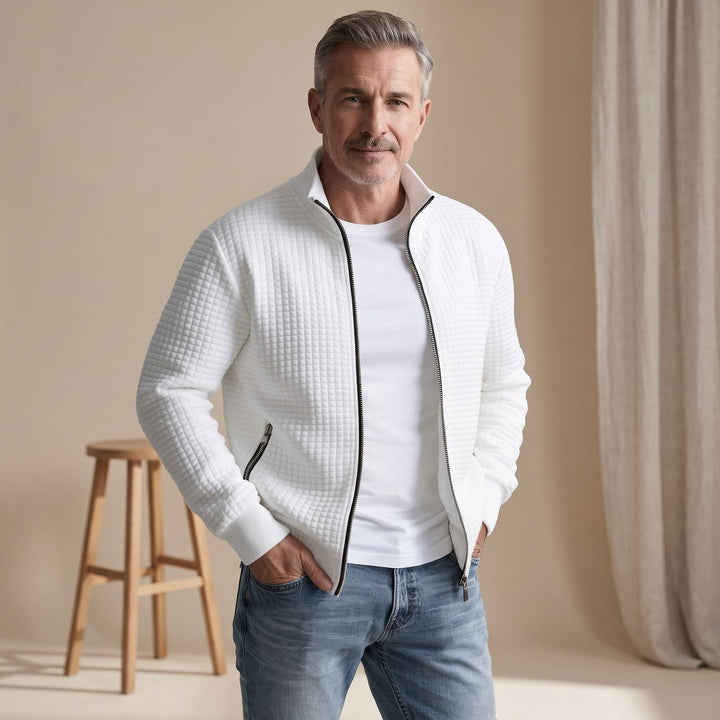 Herren Stehkragen Waffelstrick Reißverschluss Jacke Regular Fit - Weiß