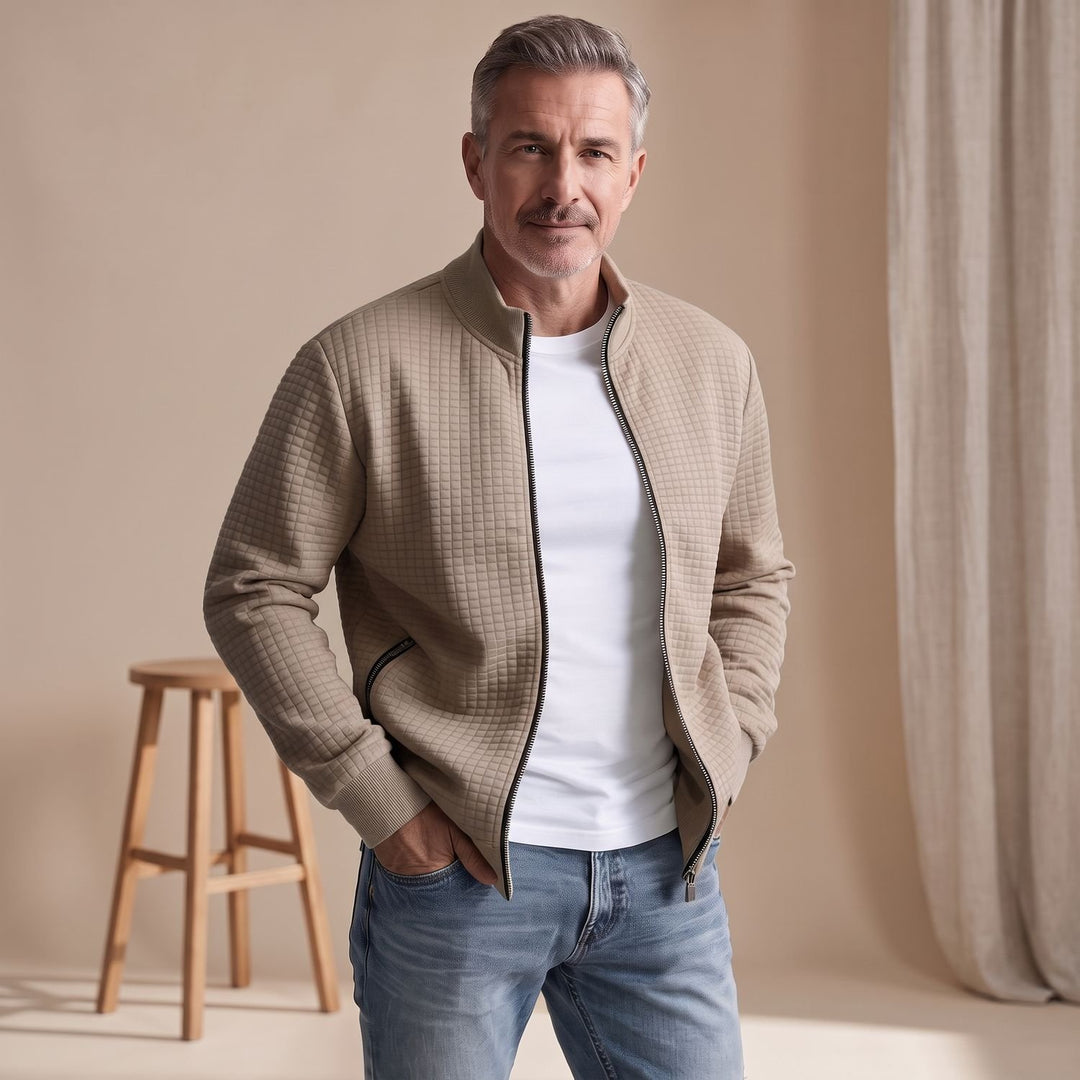 Herren Stehkragen Waffelstrick Reißverschluss Jacke Regular Fit - Khaki