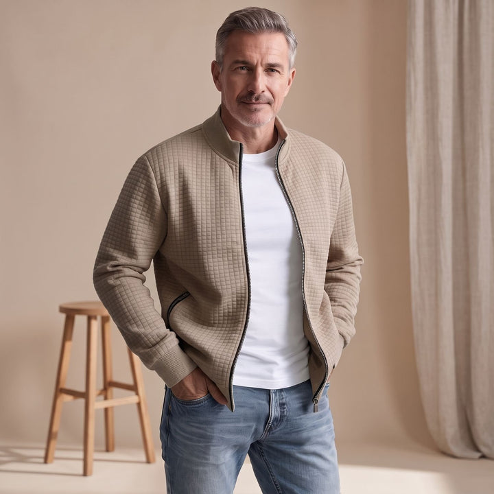 Herren Stehkragen Waffelstrick Reißverschluss Jacke Regular Fit - Khaki