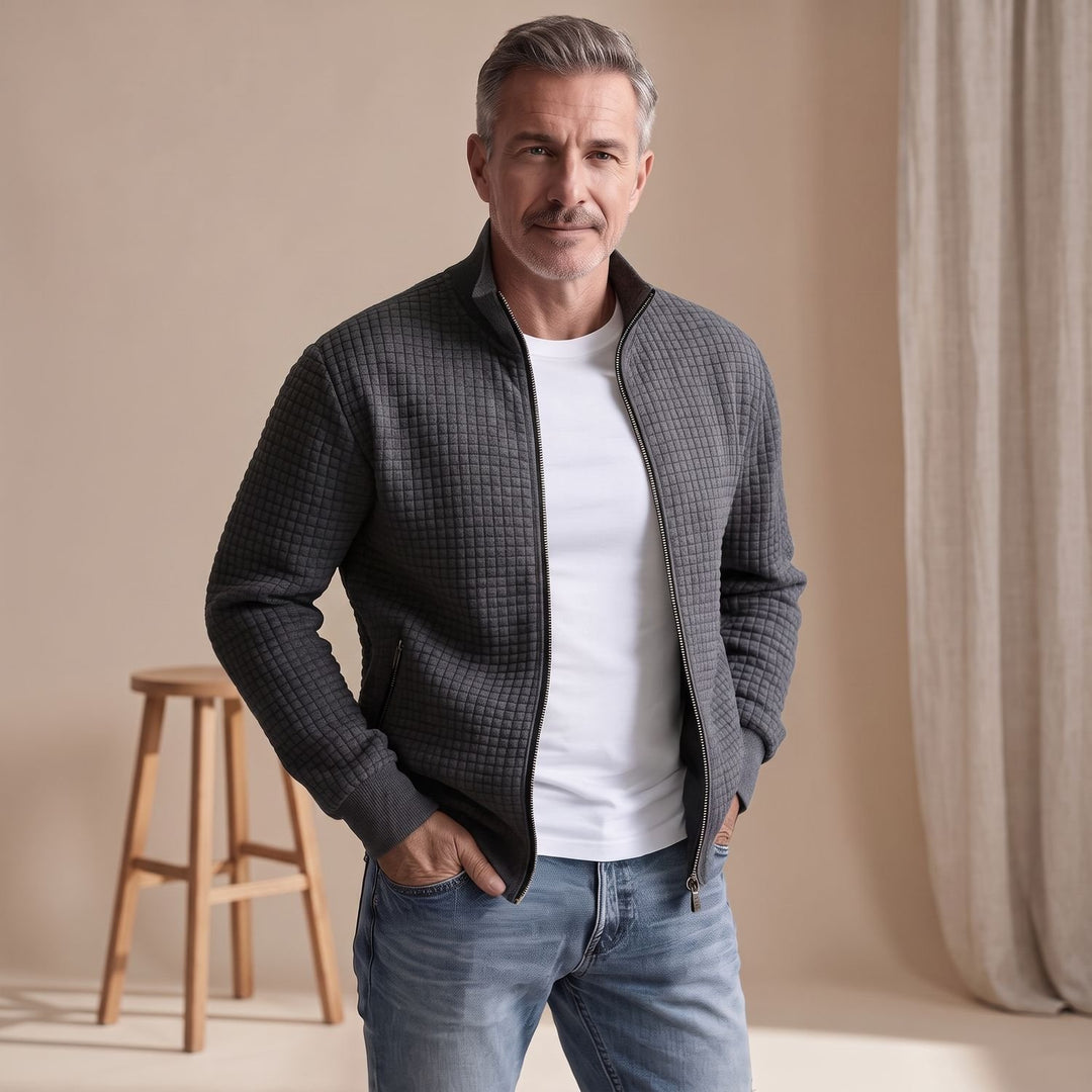 Herren Stehkragen Waffelstrick Reißverschluss Jacke Regular Fit - Grau
