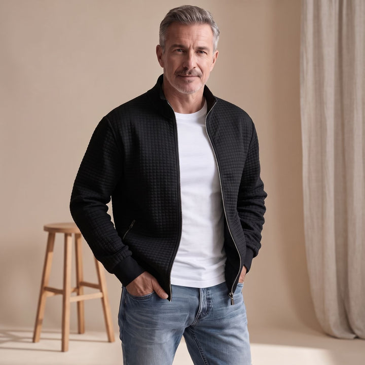 Herren Stehkragen Waffelstrick Reißverschluss Jacke Regular Fit - Schwarz