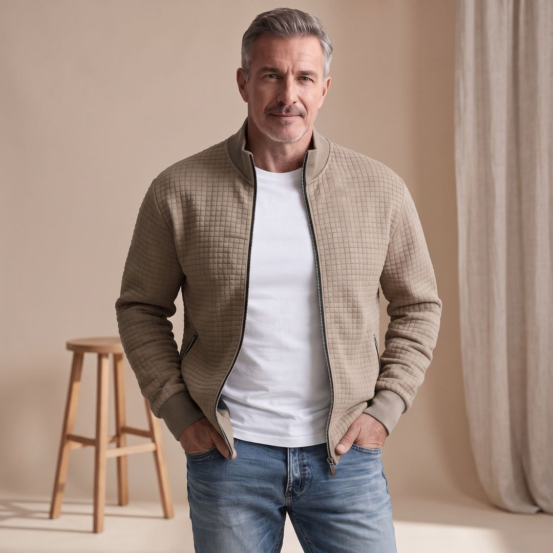 Herren Stehkragen Waffelstrick Reißverschluss Jacke Regular Fit