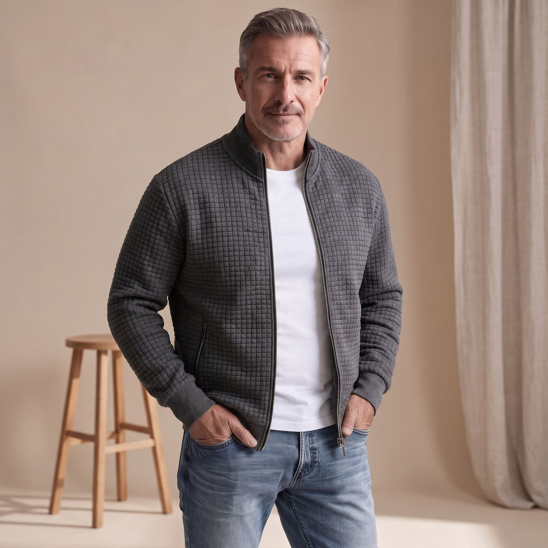 Herren Stehkragen Waffelstrick Reißverschluss Jacke Regular Fit