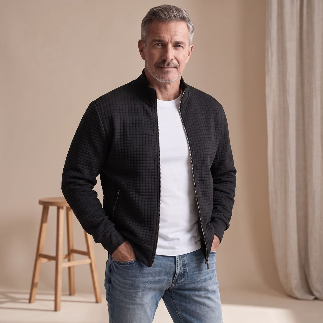 Herren Stehkragen Waffelstrick Reißverschluss Jacke Regular Fit