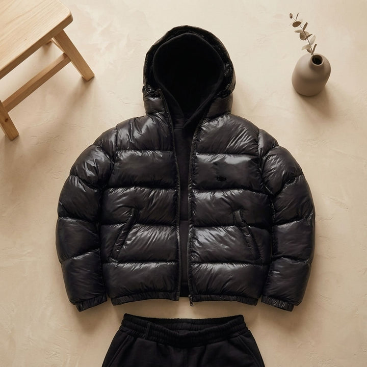 Herren Steppjacke Gefütterte Kapuzenjacke Regular Fit - Schwarz
