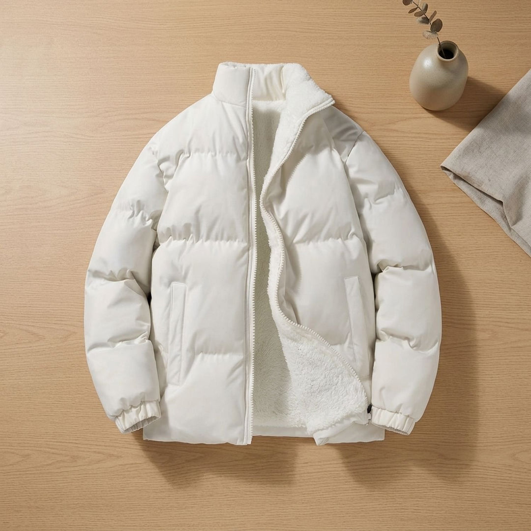 Herren Steppjacke Gefütterte Pufferjacke mit Fleecefutter Stehkragen - Weiß