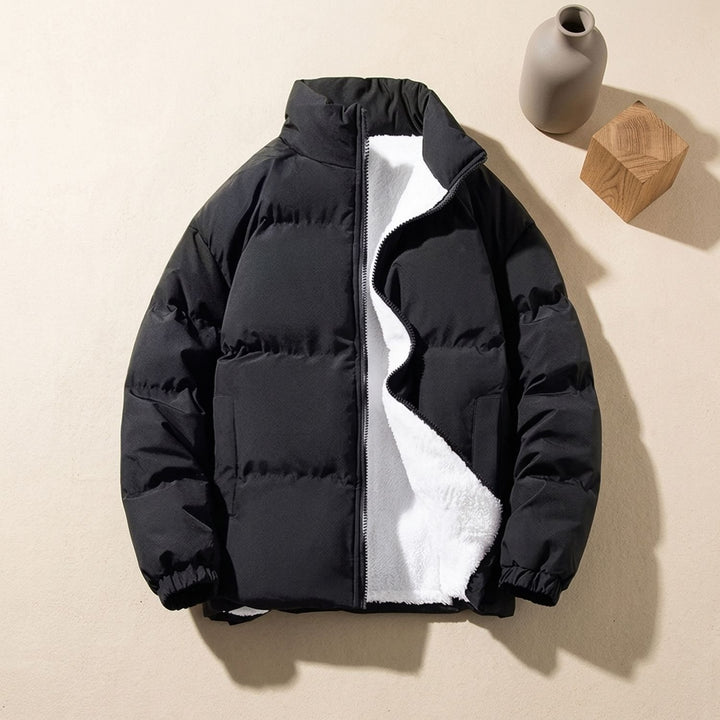 Herren Steppjacke Gefütterte Pufferjacke mit Fleecefutter Stehkragen - Schwarz