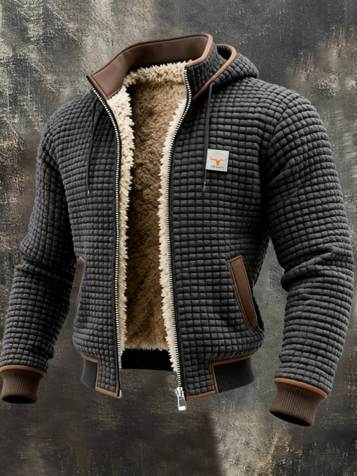 Herren Steppjacke mit Fleecefutter Kapuze Reißverschluss Lederdetails - Grau
