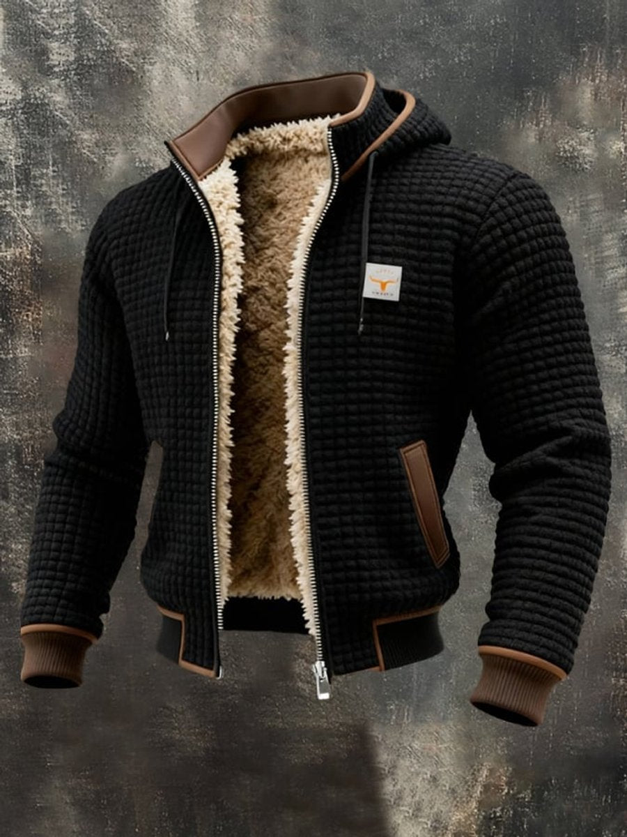 Herren Steppjacke mit Fleecefutter Kapuze Reißverschluss Lederdetails - Schwarz