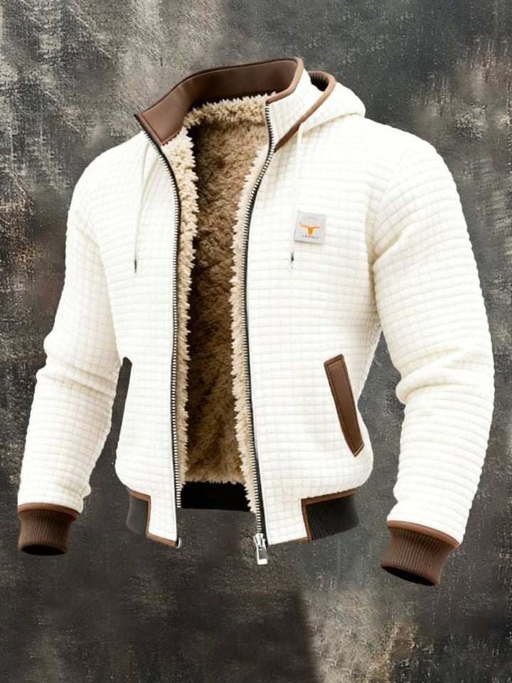 Herren Steppjacke mit Fleecefutter Kapuze Reißverschluss Lederdetails - Weiß