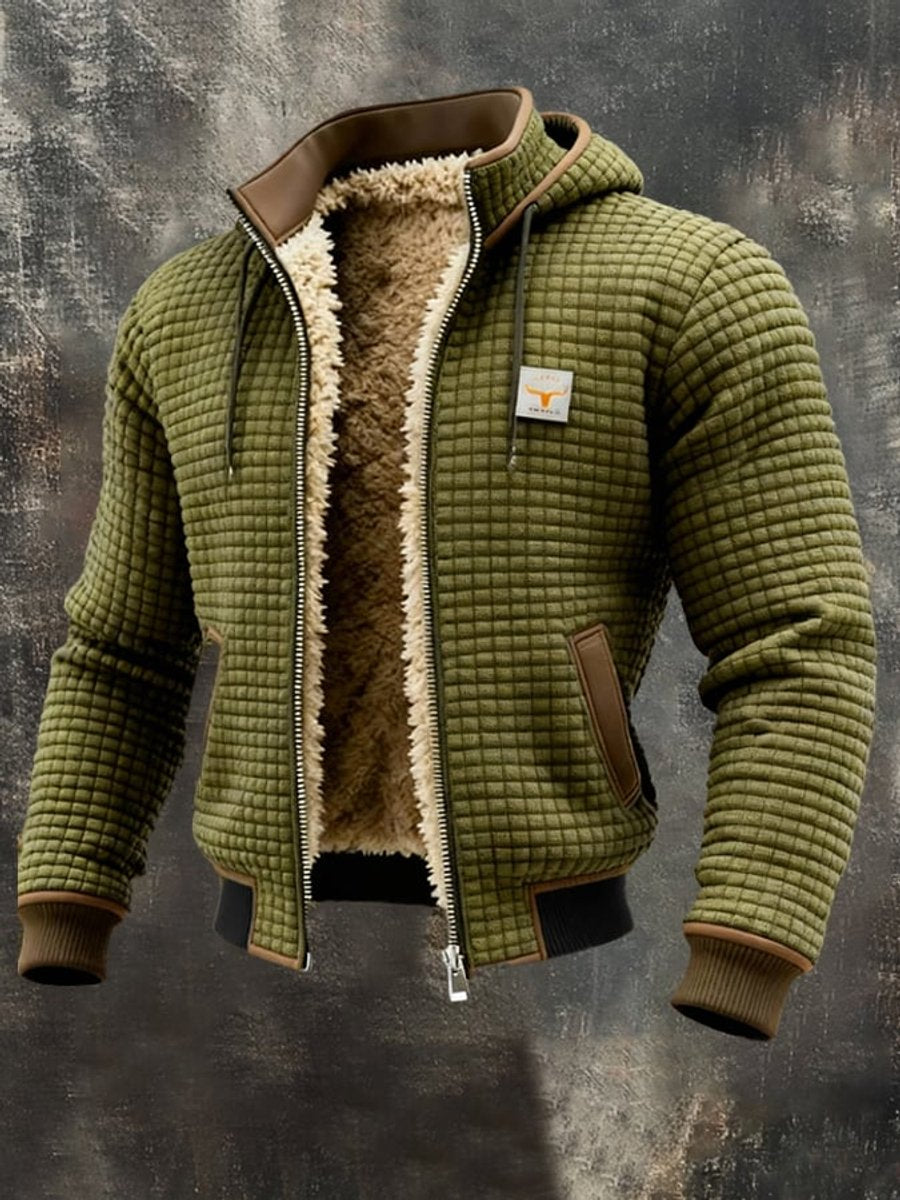 Herren Steppjacke mit Fleecefutter Kapuze Reißverschluss Lederdetails - Olivgrün