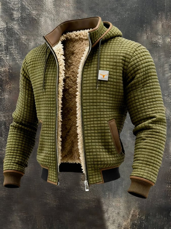 Herren Steppjacke mit Fleecefutter Kapuze Reißverschluss Lederdetails - Olivgrün