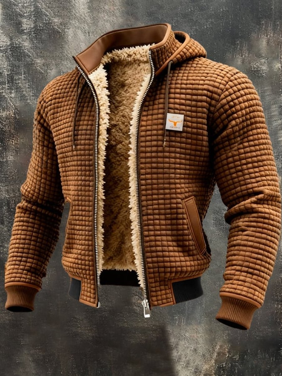 Herren Steppjacke mit Fleecefutter Kapuze Reißverschluss Lederdetails - Braun