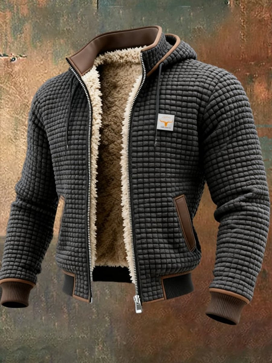 Herren Steppjacke mit Fleecefutter Kapuze Reißverschluss Lederdetails